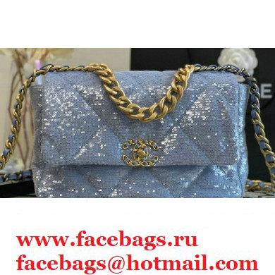 Chanel 19 Large Flap Bag AS1161 Sequins/Calfskin Sky Blue 2021 - Click Image to Close