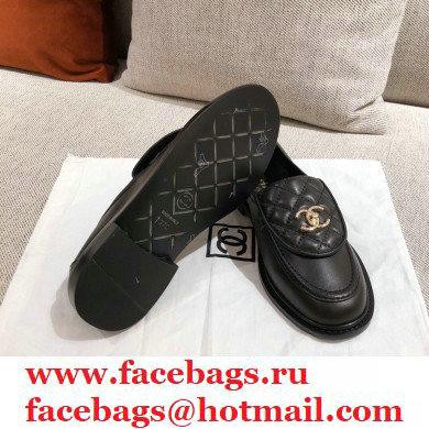 Chanel CC Logo and Quilting Flap Loafers Black 2021 - Click Image to Close