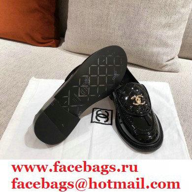Chanel CC Logo and Quilting Flap Loafers Patent Black 2021 - Click Image to Close