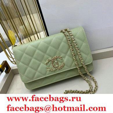 Chanel Chain CC Logo Wallet on Chain WOC Bag AP1794 Grained Calfskin Light Green 2021 - Click Image to Close