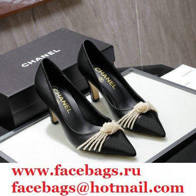 Chanel Heel 7.5cm Pearl Bow Grosgrain Pumps G36391 Black 2021 - Click Image to Close