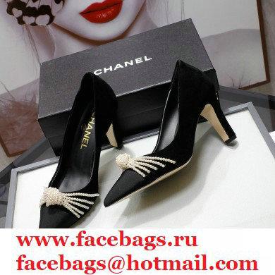 Chanel Heel 7.5cm Pearl Bow Grosgrain Pumps G36391 Suede Black 2021