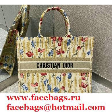 Dior Book Tote Bag in Beige Multicolor Hibiscus Metallic Thread Embroidery 2021