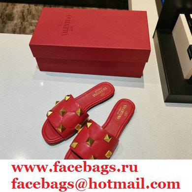 Valentino Quilted Calfskin Roman Stud Slide Sandals Red 2021