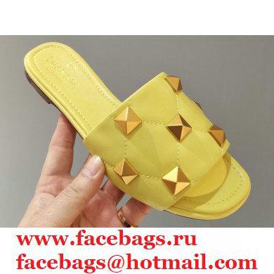 Valentino Quilted Calfskin Roman Stud Slide Sandals Yellow 2021 - Click Image to Close