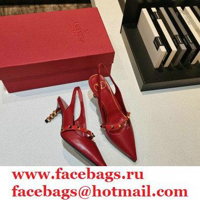 Valentino Sculpted Heel 7cm Rockstud Slingback Pumps Red 2021 - Click Image to Close