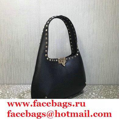 Valentino Small Rockstud Grainy Calfskin Hobo Bag Black 2021 - Click Image to Close