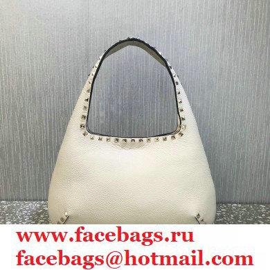 Valentino Small Rockstud Grainy Calfskin Hobo Bag White 2021 - Click Image to Close