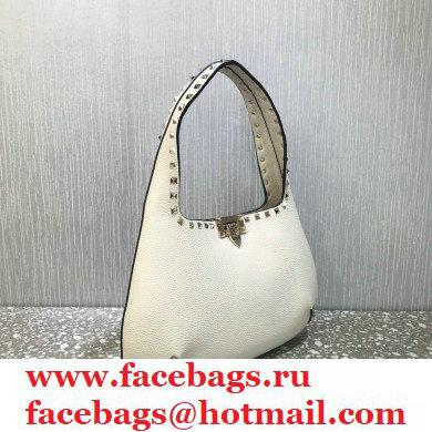 Valentino Small Rockstud Grainy Calfskin Hobo Bag White 2021 - Click Image to Close