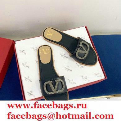 Valentino VLogo Signature Slide Sandals Black/Crystals 2021 - Click Image to Close
