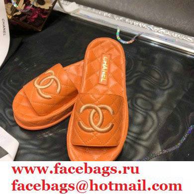 Chanel Heel 5cm CC Logo Quilting Lambskin Mules G36901 Orange 2021