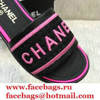 Chanel Lambskin and Logo Embroideries Mules G36557 Black/Fuchsia 2021 - Click Image to Close