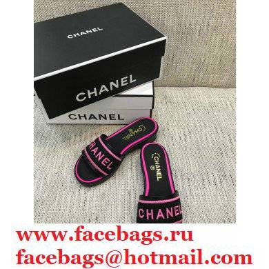 Chanel Lambskin and Logo Embroideries Mules G36557 Black/Fuchsia 2021 - Click Image to Close