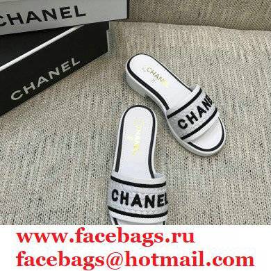 Chanel Lambskin and Logo Embroideries Mules G36557 White/Black 2021 - Click Image to Close