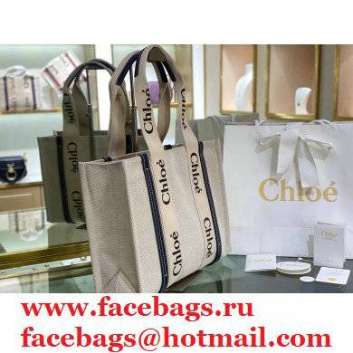 Chloe Medium Woody Tote Bag White/Full Blue in Cotton Canvas and Shiny Calfskin 2021