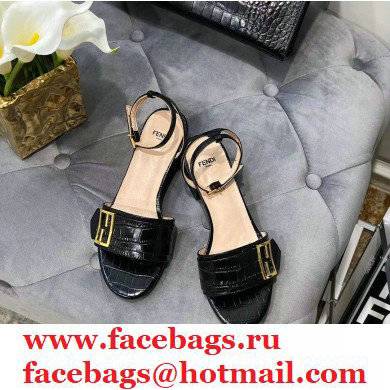 Fendi Crocodile-embossed Leather Promenade Sandals Black with FF Baguette Buckle 2021