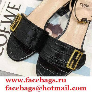 Fendi Crocodile-embossed Leather Promenade Sandals Black with FF Baguette Buckle 2021