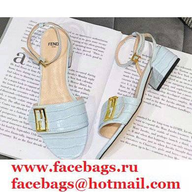 Fendi Crocodile-embossed Leather Promenade Sandals Light Blue with FF Baguette Buckle 2021