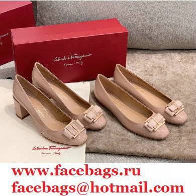 Ferragamo Heel 1cm/6cm Bow Ballet Flats/Pumps Patent Leather Nude