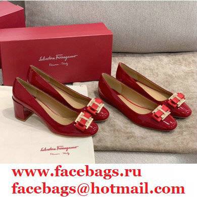 Ferragamo Heel 1cm/6cm Bow Ballet Flats/Pumps Patent Leather Red - Click Image to Close
