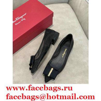 Ferragamo Heel 1cm Bow Ballet Flats Dotted Swiss Black