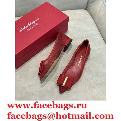 Ferragamo Heel 1cm Bow Ballet Flats Dotted Swiss Red - Click Image to Close