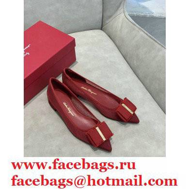 Ferragamo Heel 1cm Bow Ballet Flats Dotted Swiss Red