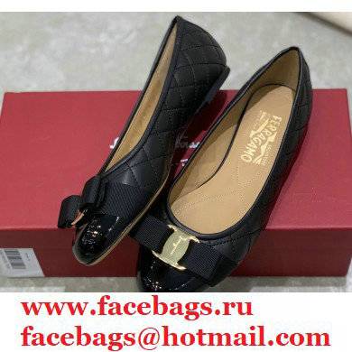 Ferragamo Heel 1cm Vara Bow Varina Ballet Flats Quilted Leather Black