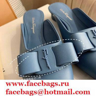 Ferragamo Heel 2cm Viva Bow Mules Blue - Click Image to Close