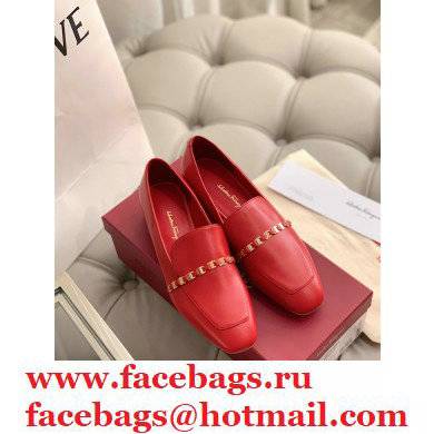 Ferragamo Heel 3cm Tilos Chain Leather Loafers/Pumps Red - Click Image to Close