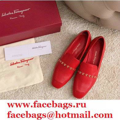 Ferragamo Heel 3cm Tilos Chain Leather Loafers/Pumps Red - Click Image to Close