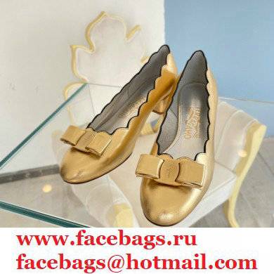 Ferragamo Heel 3cm Vara Bow Court Shoe Scalloped Gold