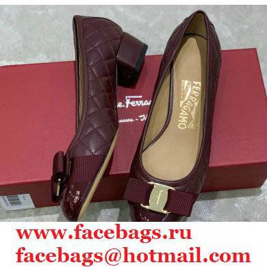 Ferragamo Heel 3cm Vara Bow Pumps Quilted Leather Burgundy