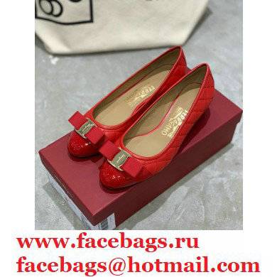 Ferragamo Heel 3cm Vara Bow Pumps Quilted Leather Red