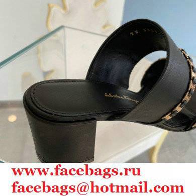 Ferragamo Heel 5.5cm Vara Chain Sandals Mules Black - Click Image to Close
