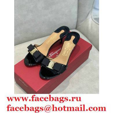 Ferragamo Heel 6cm Vara Bow Mules Patent Leather Black - Click Image to Close