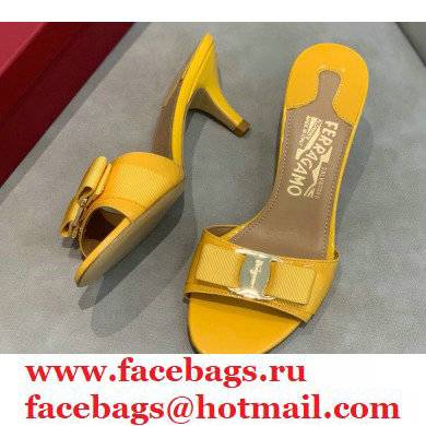 Ferragamo Heel 6cm Vara Bow Mules Patent Leather Yellow - Click Image to Close