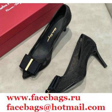 Ferragamo Heel 7cm Bow Pumps Dotted Swiss Black