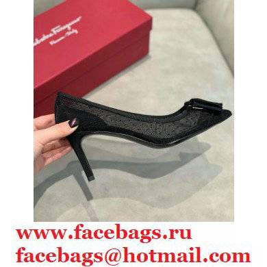 Ferragamo Heel 7cm Bow Pumps Dotted Swiss Black - Click Image to Close