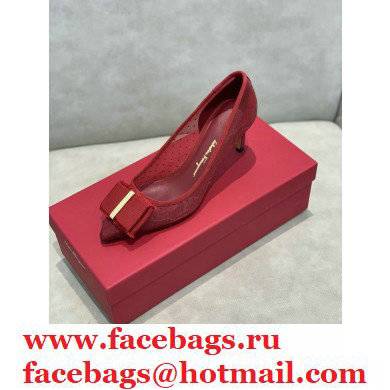Ferragamo Heel 7cm Bow Pumps Dotted Swiss Red - Click Image to Close