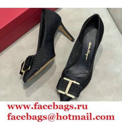 Ferragamo Heel 7cm Bow Pumps Striped Black - Click Image to Close