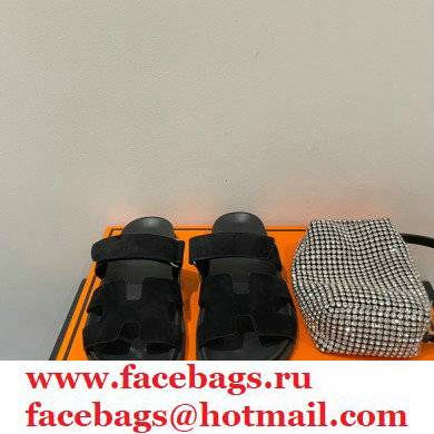 Hermes Chypre Sandals Top Quality Suede Black 2021 - Click Image to Close