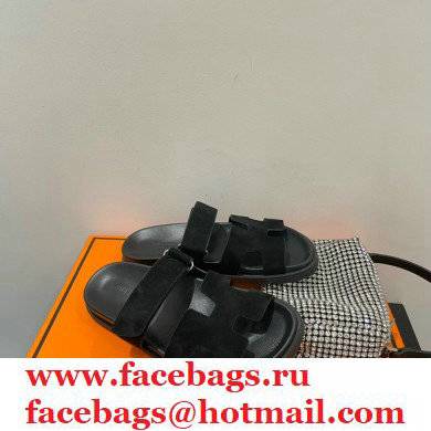 Hermes Chypre Sandals Top Quality Suede Black 2021 - Click Image to Close