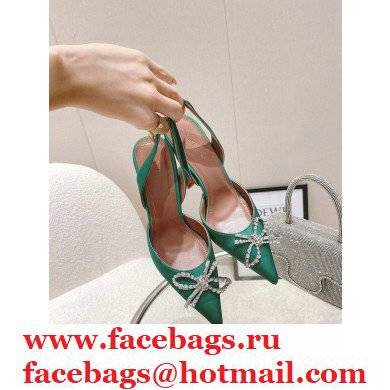 Amina Muaddi Heel Rosie Slingback Pumps Satin Green with Crystal Bow - Click Image to Close