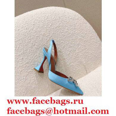 Amina Muaddi Heel Rosie Slingback Pumps Satin Light Blue with Crystal Bow - Click Image to Close
