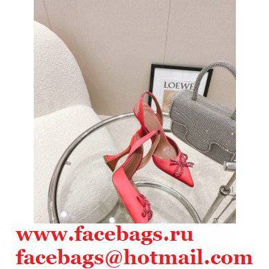 Amina Muaddi Heel Rosie Slingback Pumps Satin Red with Crystal Bow - Click Image to Close