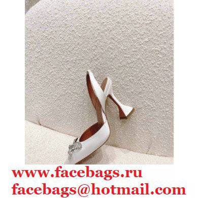 Amina Muaddi Heel Rosie Slingback Pumps Satin White with Crystal Bow - Click Image to Close