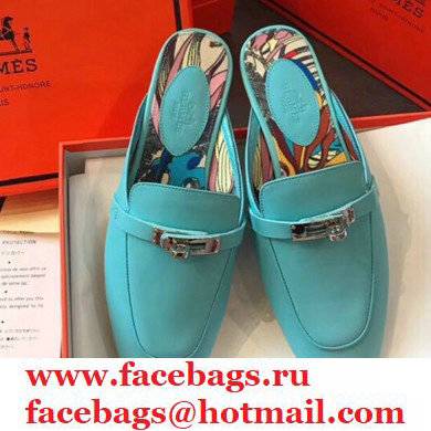 Hermes Calfskin Kelly shoe buckle Mules shoes in Blue Her010 2021