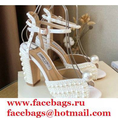 Jimmy Choo Heel 10.5cm Sacaria Sandals White Satin with All-Over Pearl Embellishment 2021
