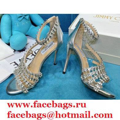 Jimmy Choo Heel 10cm Josefine Sandals Leather Silver with Crystal Embellishment 2021